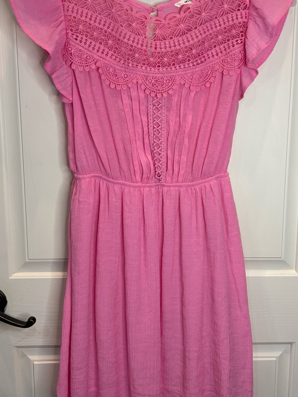 MINE Pink Mini Dress Size Medium w/ Crochet Lace Yoke & Flutter Ruffles Sleeves